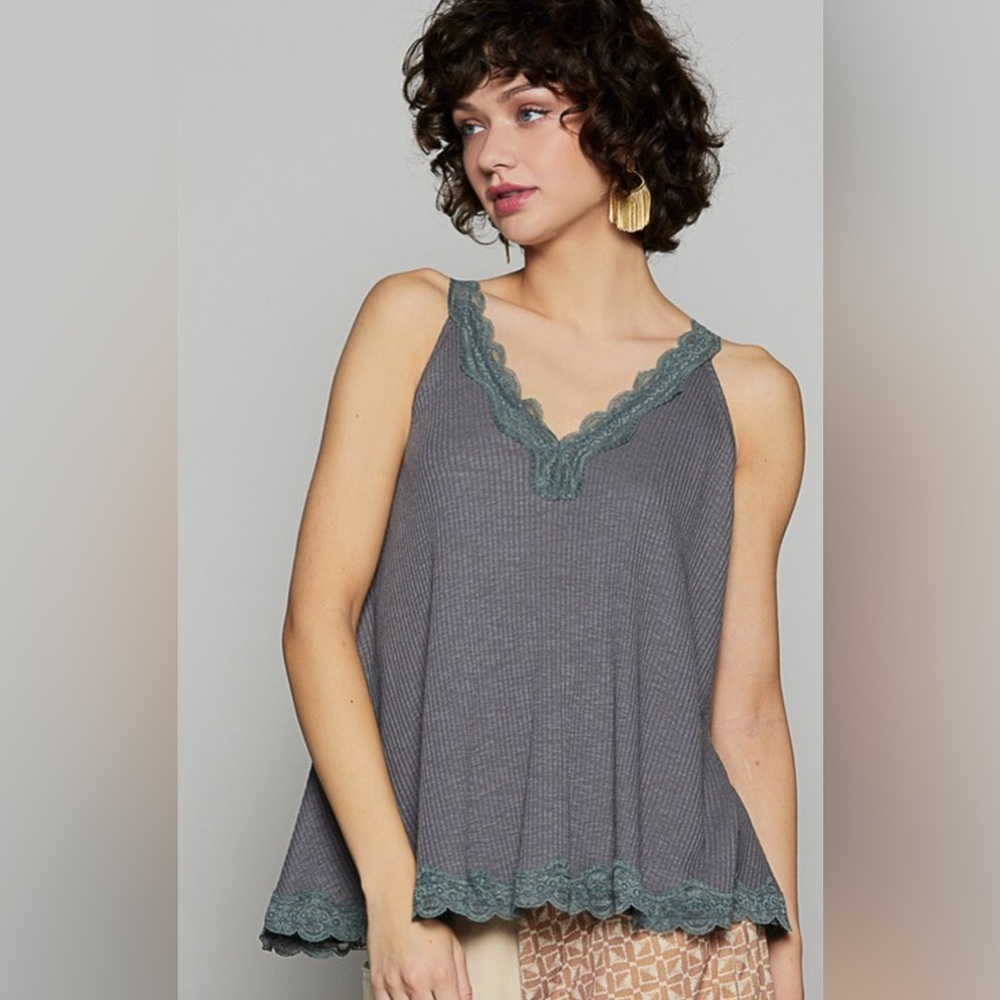 Gray Lace Trim Women's Top